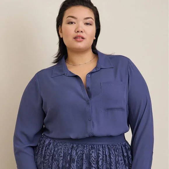 Torrid - Lizzie Georgette Button-Up Long Sleeve Shirt in Crown Blue Roebuck Blue - Picture 10 of 13